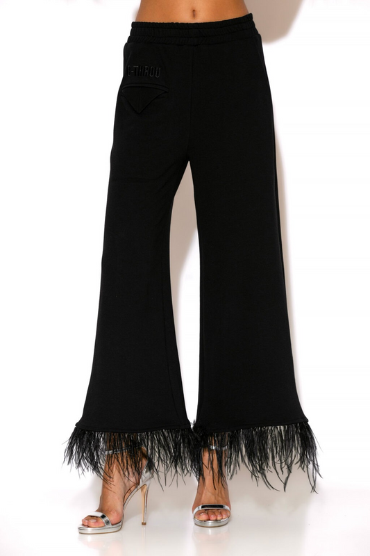 Feather-trimmed terry cotton pants