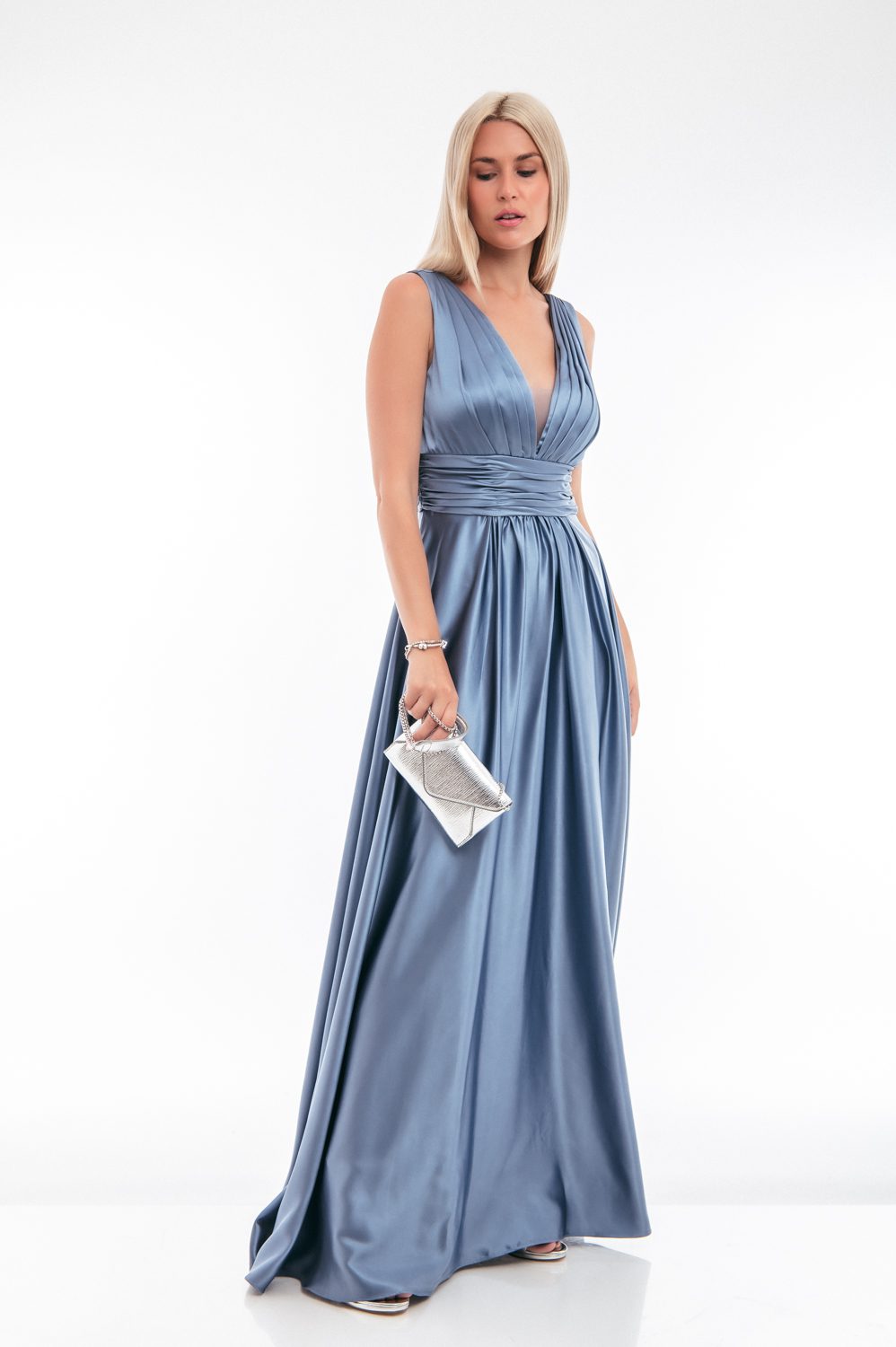 Φόρεμα cocktail maxi satin detailed