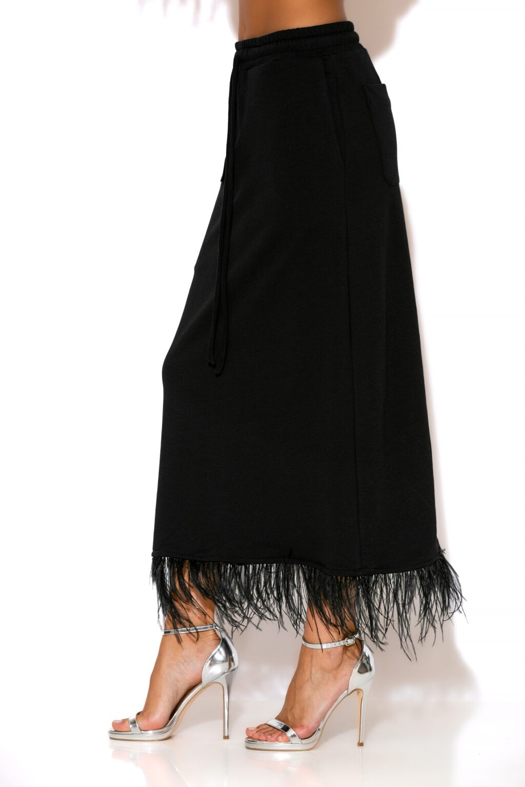 Feather-trimmed terry cotton midi skirt