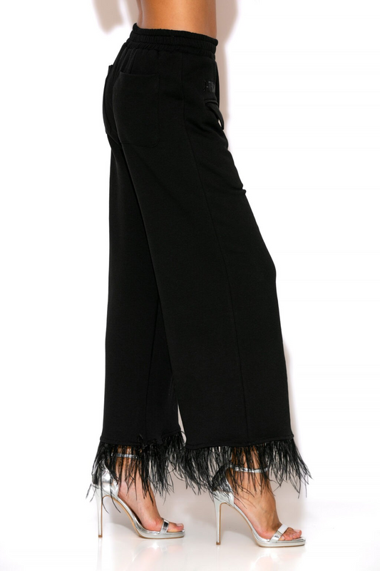 Feather-trimmed terry cotton pants