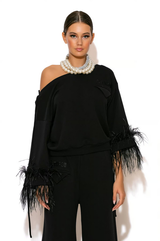 C-THROU Feather-trimmed terry cotton blouse